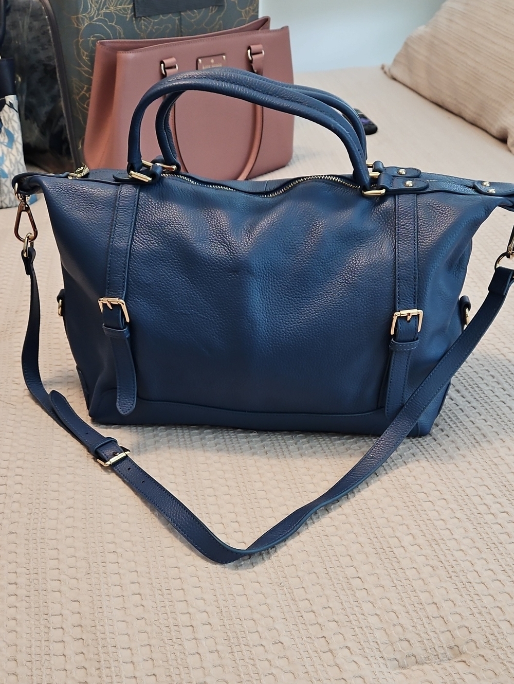 Navy Leather Weekender Tote Bag with Shoulder Strap